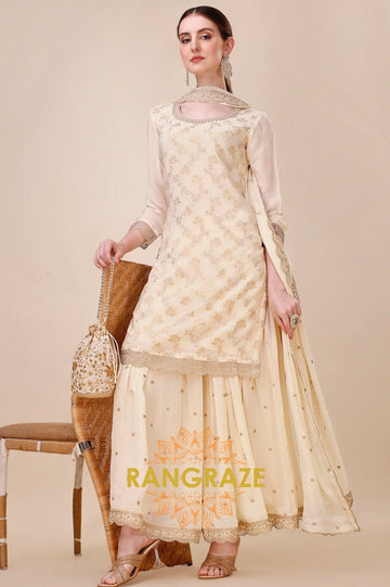 Off-White Jacquard Jaal Work Stitched Sharara Set