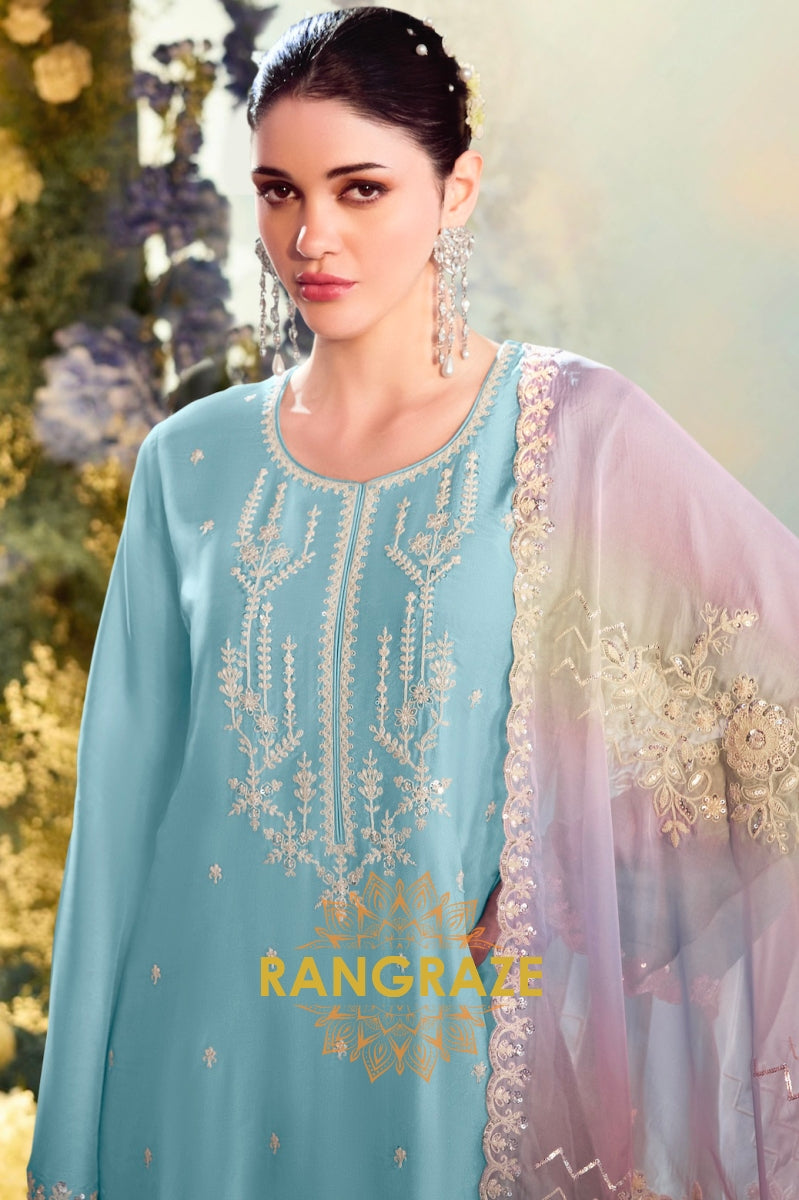 Celestial Blue Designer Modal Silk  Suit Set