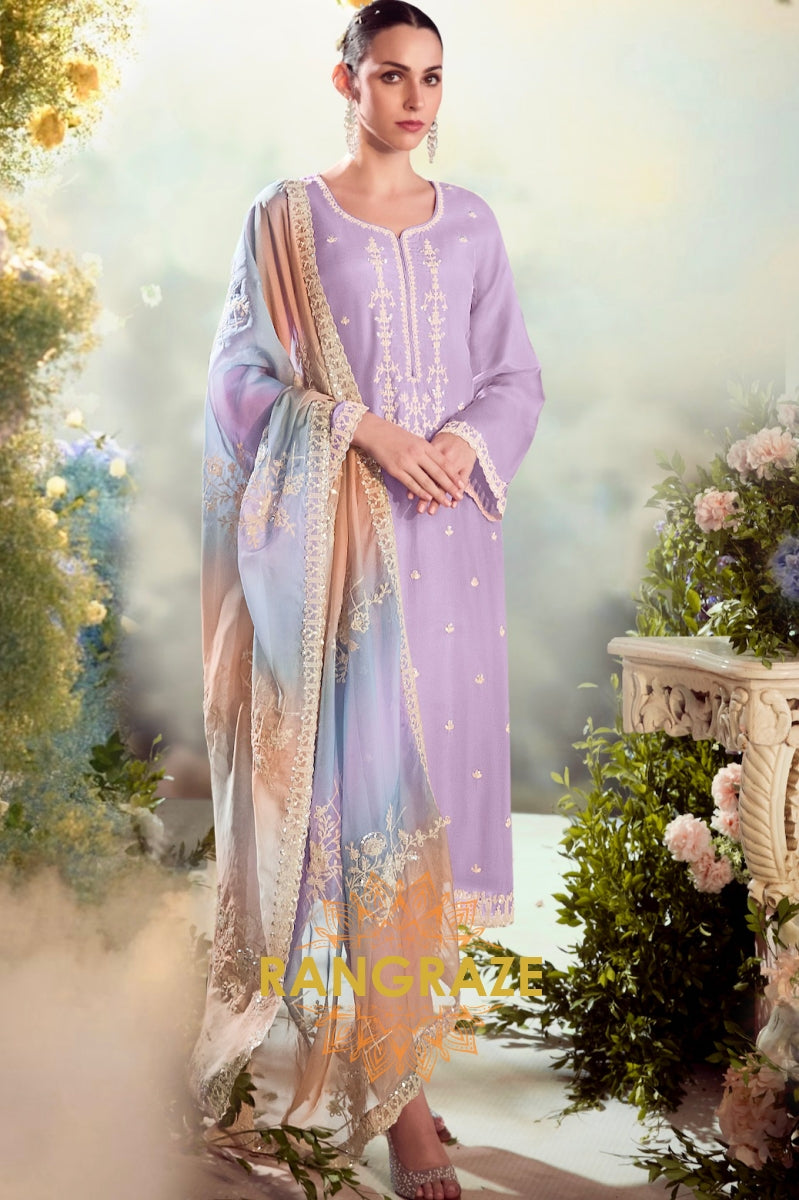 Lavender Elegance Designer Modal Silk  Suit Set