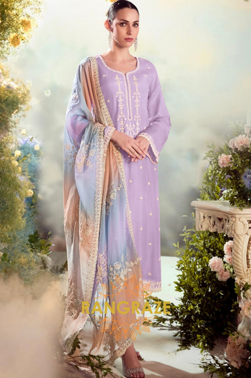 Lavender Elegance Designer Modal Silk  Suit Set