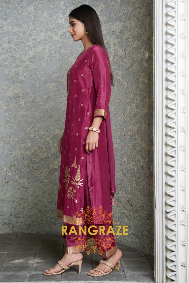 Light Wine Radiant Jacquard Weave Kurta Suit Set