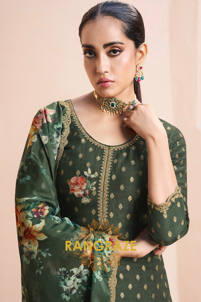 Dark Olive Green Appliqué Jacquard Kurta Set with Floral Print Dupatta