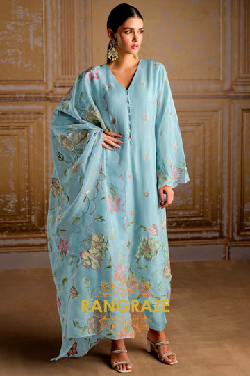 Celestial Blue Designer Silk Suit Set