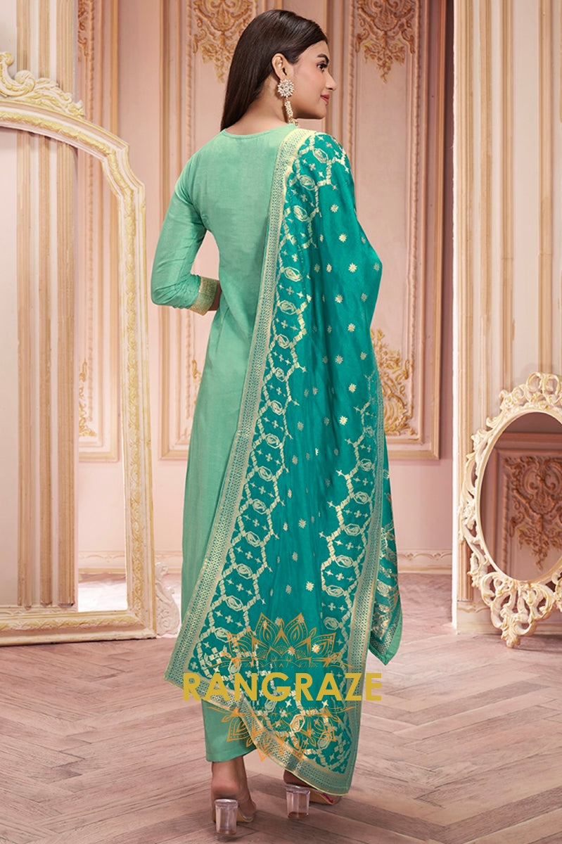 Sea Green Meena Keri Design Jacquard Stitched Kurta Suit Set