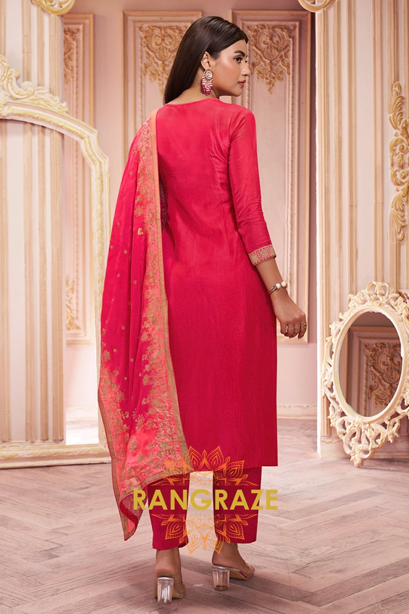 Red Zari Jacquard Stitched Suit Set