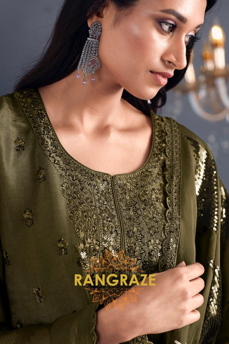 Mehendi Green Luxe Silk Suit Set by Atelier Elegance