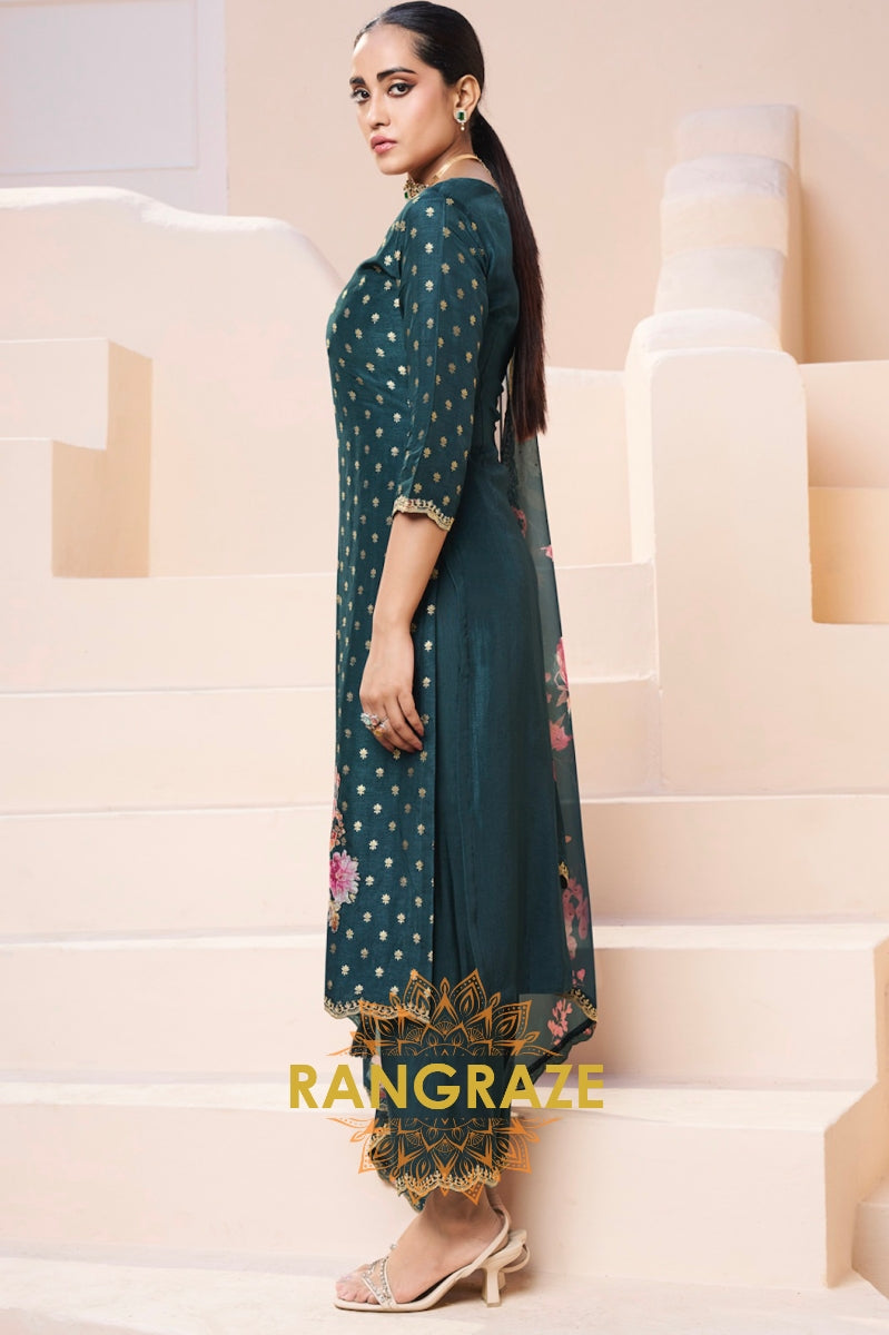 Teal Green Appliqué Jacquard Kurta Suit Set with Floral Print Dupatta