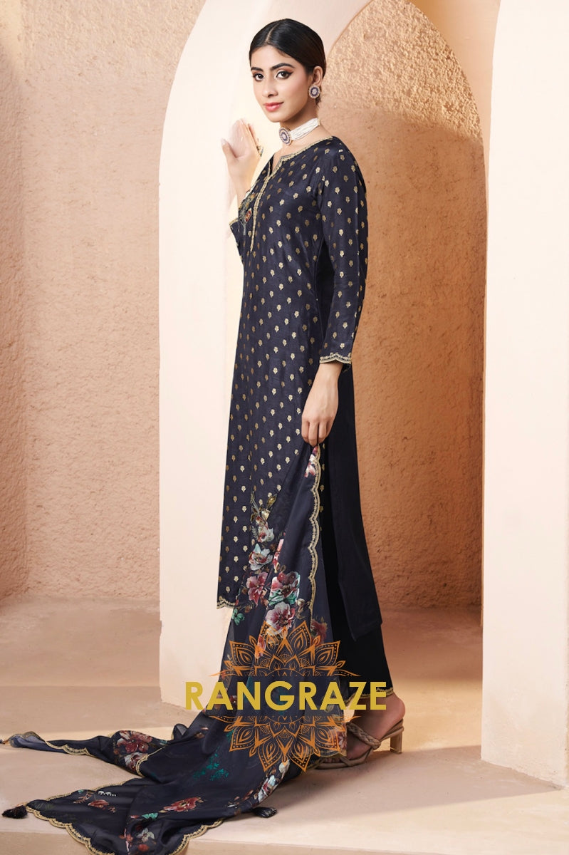 Dark Blue Appliqué Jacquard Kurta Set with Floral Print Dupatta