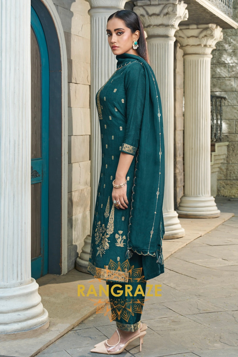 Dark Teal Exquisite Jacquard Weave Kurta Suit Set