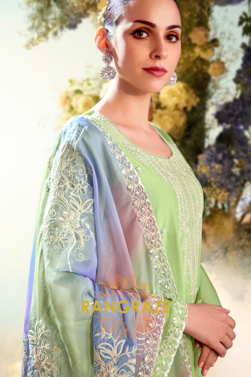 Verdant Grace Designer Modal Silk  Suit Set