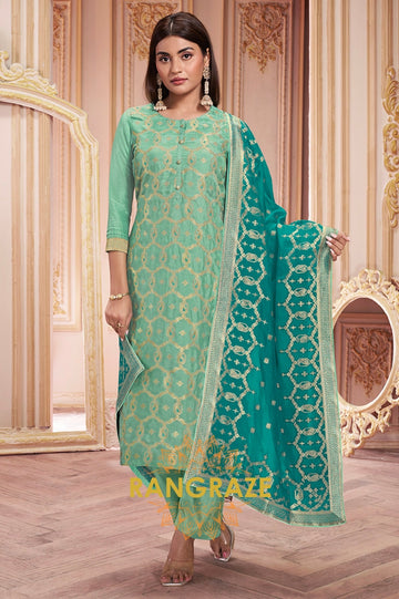 Sea Green Meena Keri Design Jacquard Stitched Kurta Suit Set