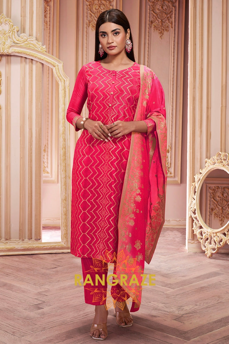 Red Zari Jacquard Stitched Suit Set