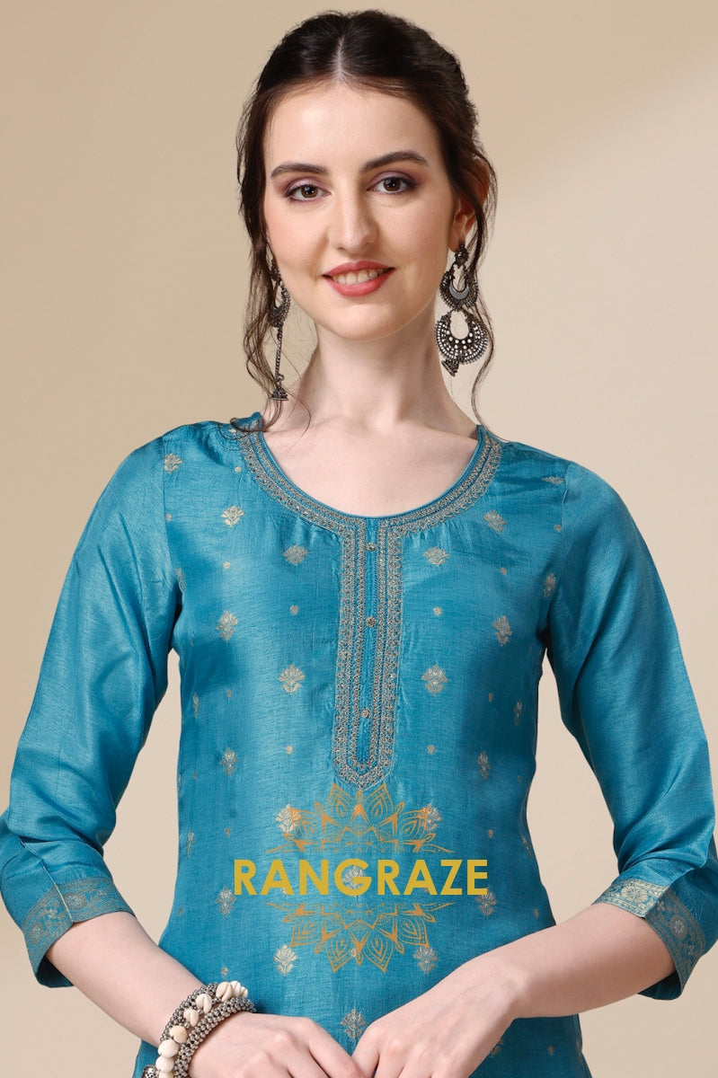 Ocean Blue Jacquard Stitched Kurta Suit Set with Sequins Dupatta