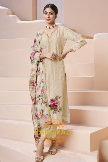 Ivory Appliqué Jacquard Kurta Suit with Floral Elegance Dupatta