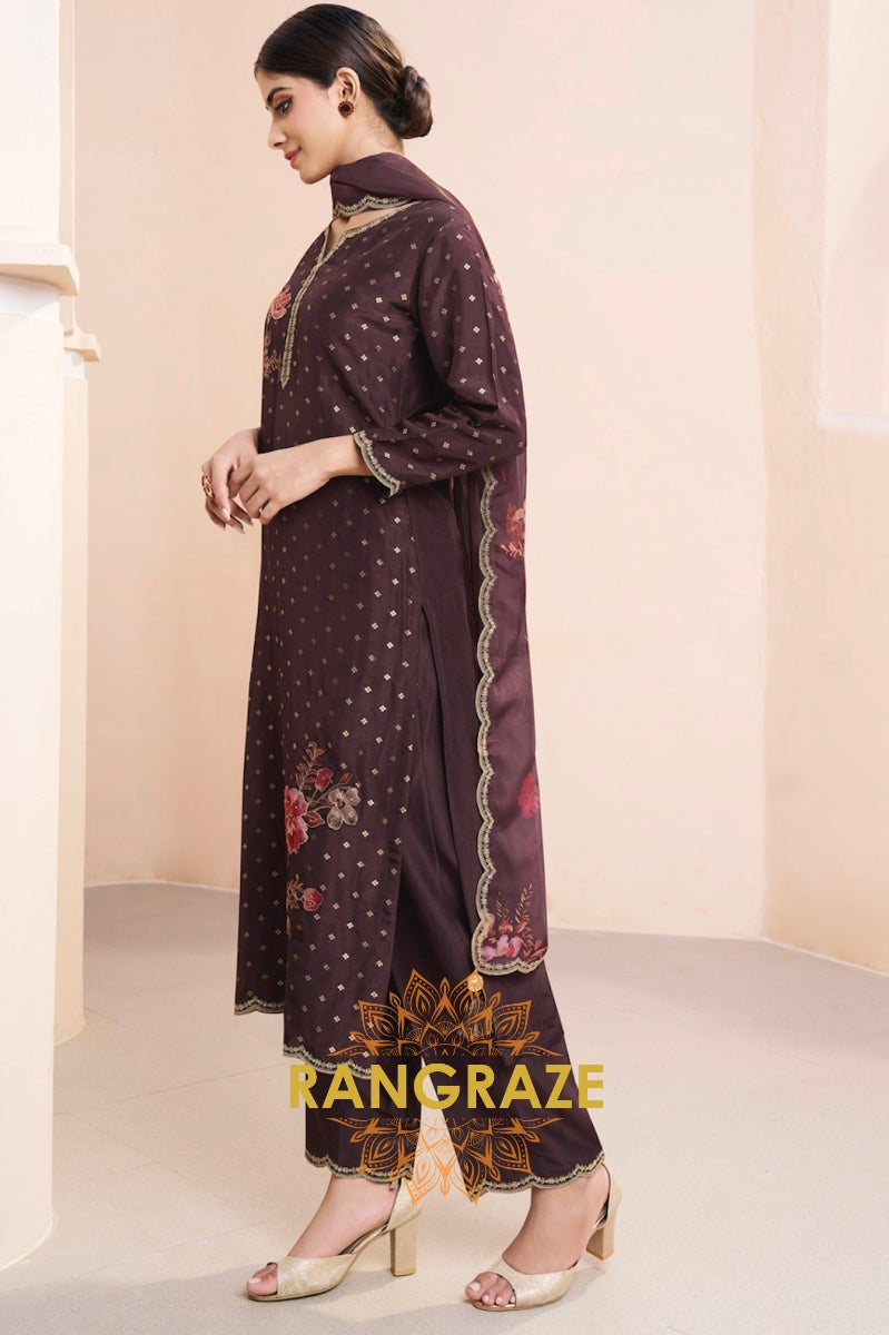 Seal Brown Appliqué Jacquard Kurta Suit Set with Floral Print Dupatta