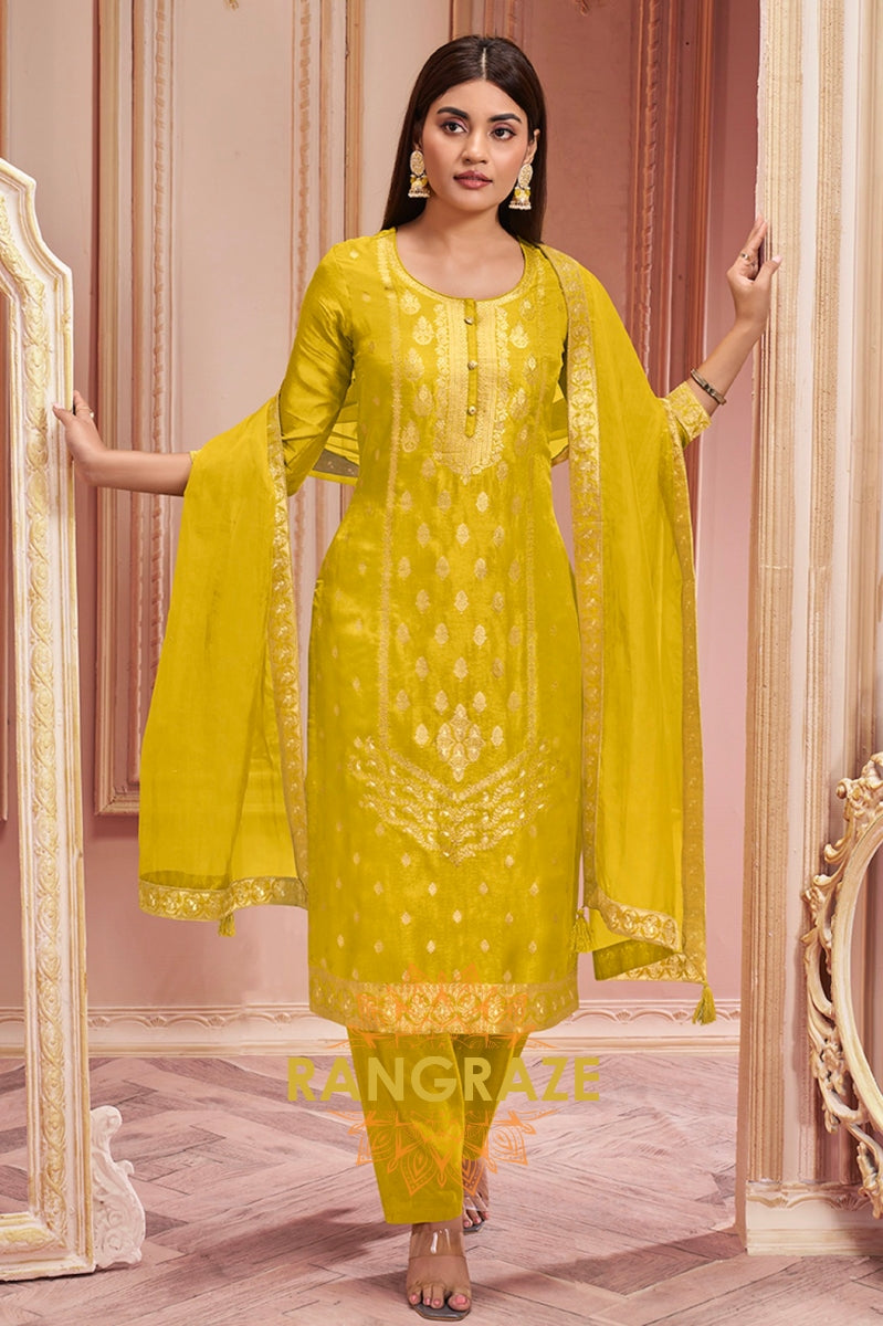 Yellow Panel Jacquard Stitched Kurta Suit Set