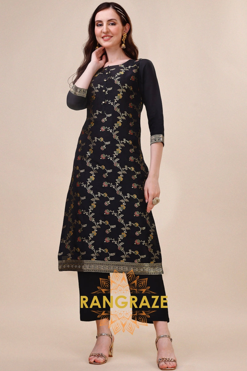 Midnight Black Meena Jacquard Stitched Kurta Suit Set