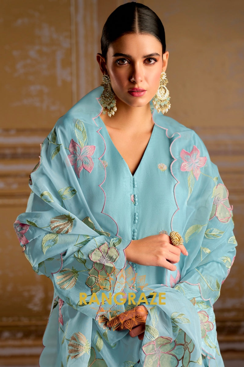 Celestial Blue Designer Silk Suit Set