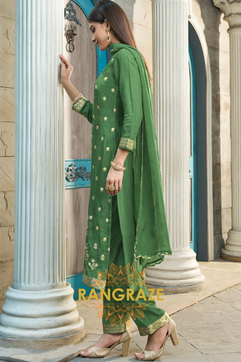 Sap Green Radiant Jacquard Weave Kurta Suit Set