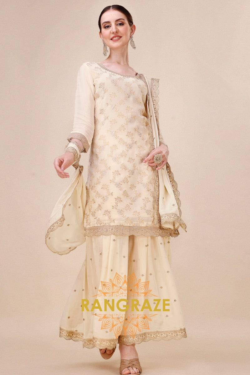 Off-White Jacquard Jaal Work Stitched Sharara Set