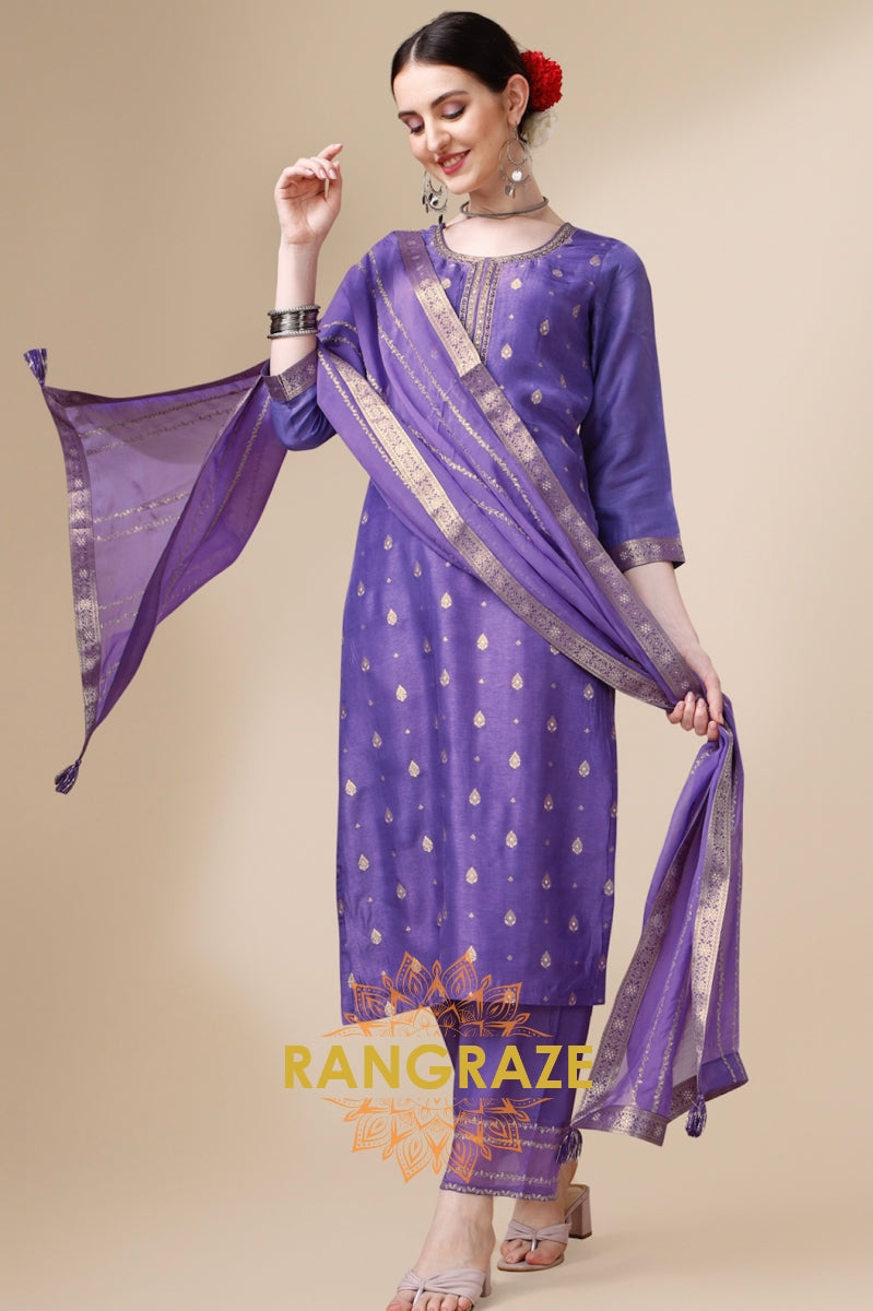 Violet Jacquard Stitched Kurta Suit Set with Sequins Dupatta