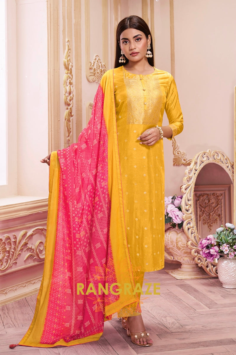 Golden Yellow Jacquard Stitched Suit Set