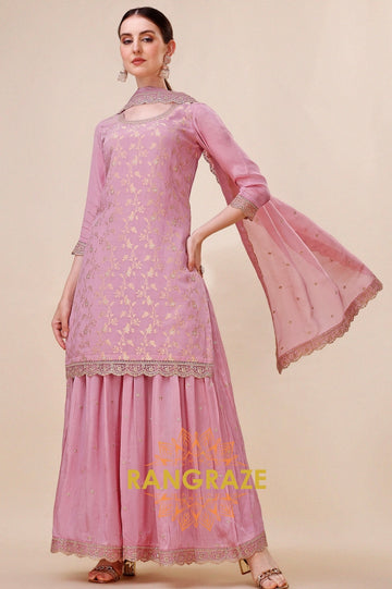 Lilac Jacquard Jaal Work Stitched Sharara Suit Set