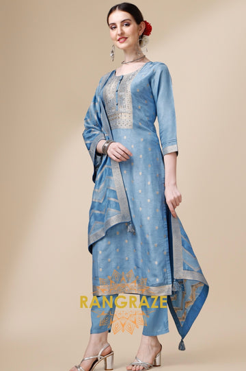 Blue Handwork Jacquard Stitched Kurta Suit Set with Rangkat Dupatta