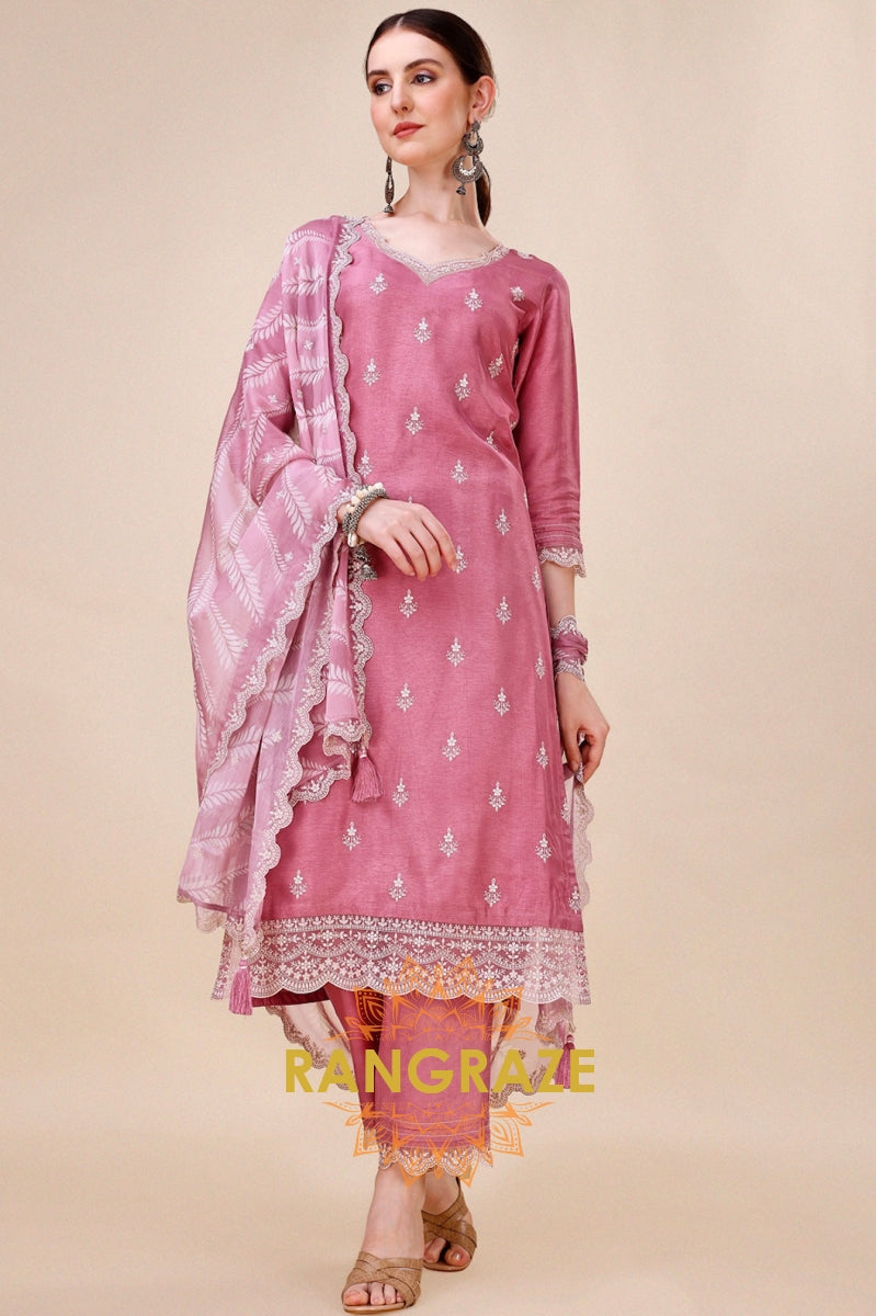 Blush Rose Cutwork Neckline Dola Silk Stitched Kurta Suit Set with Lehariya Dupatta