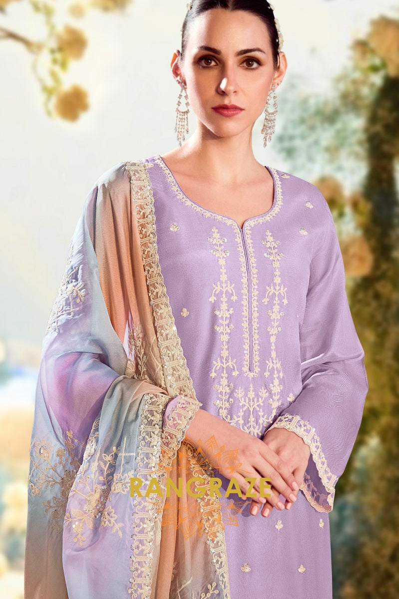 Lavender Elegance Designer Modal Silk  Suit Set