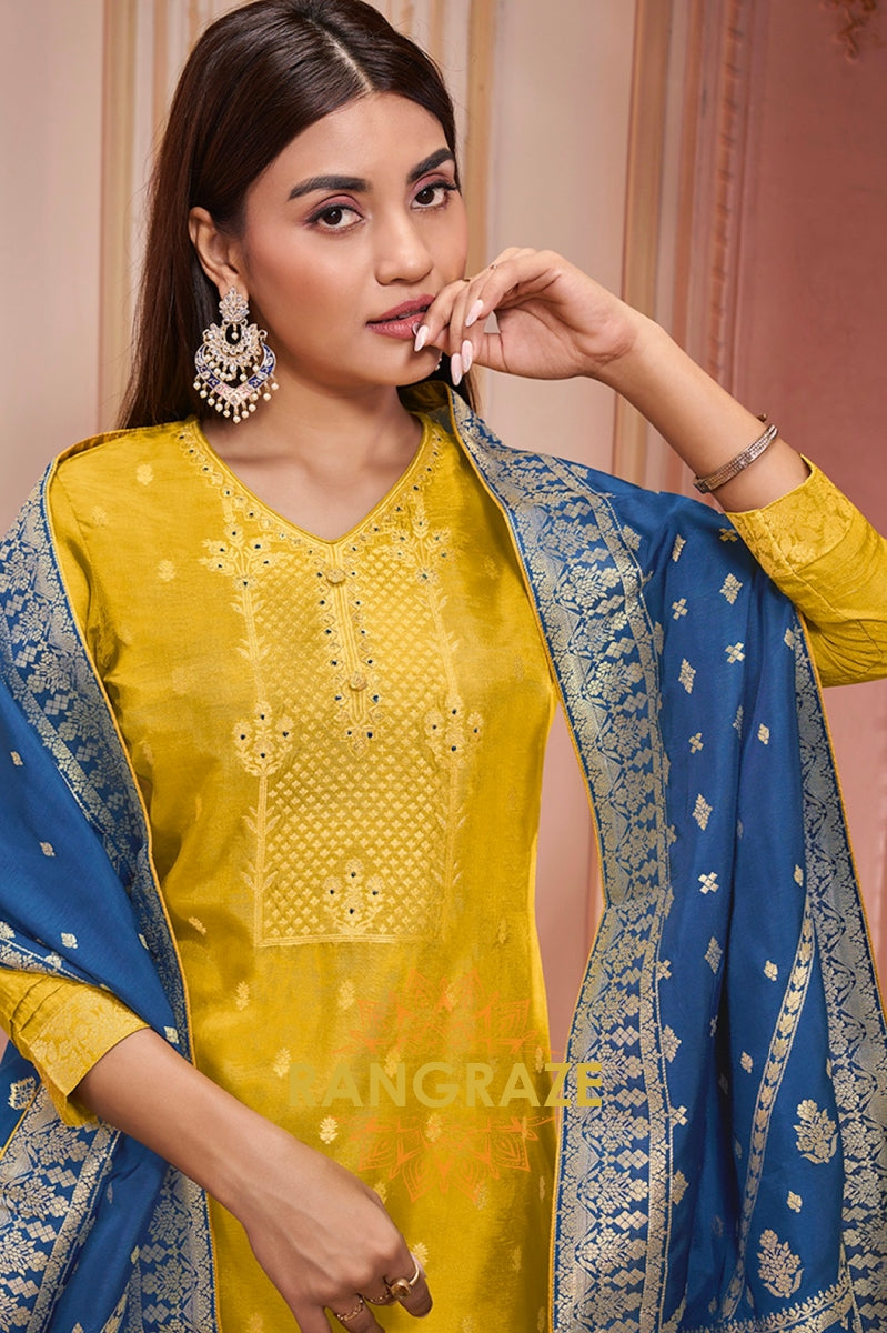 Yellow Jacquard Stitched Kurta Suit Set with Blue Dupatta