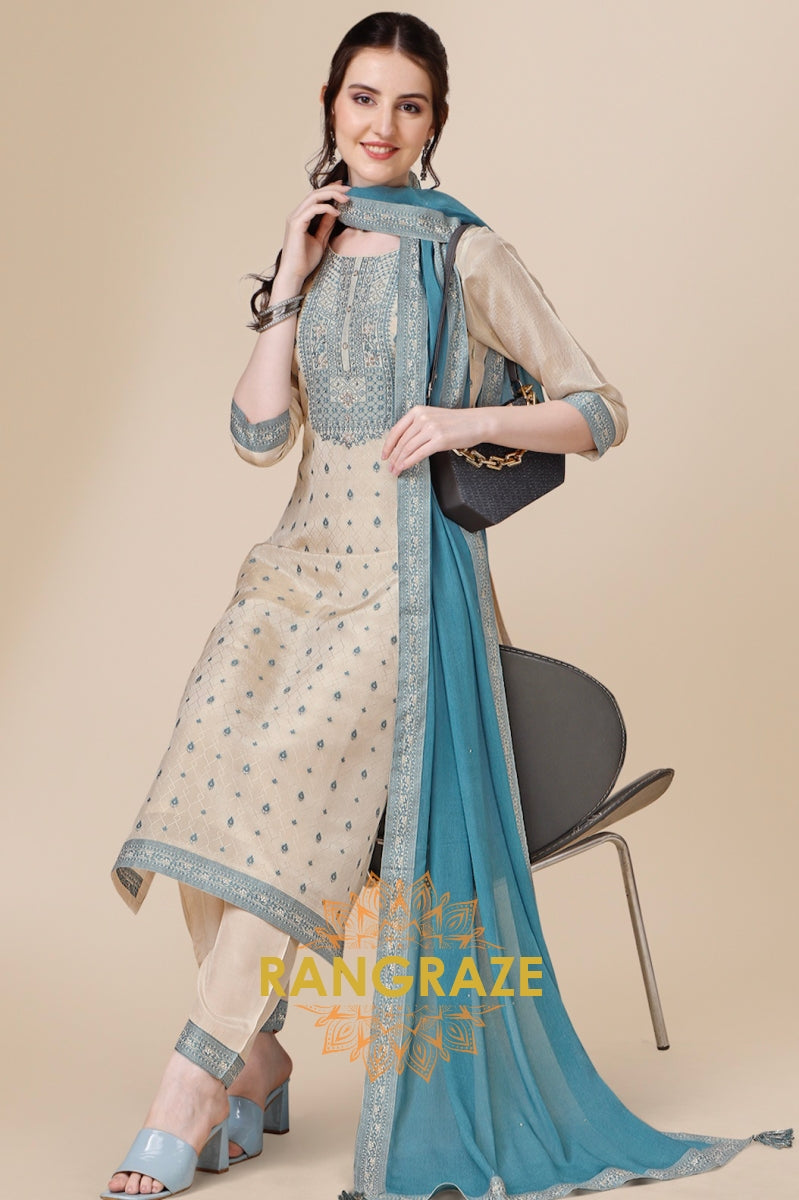 Ivory Zardozi Jacquard Tissue Stitched Kurta Suit Set