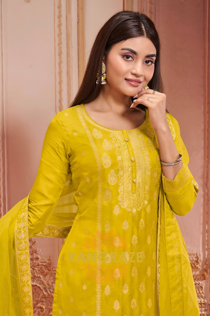 Yellow Panel Jacquard Stitched Kurta Suit Set