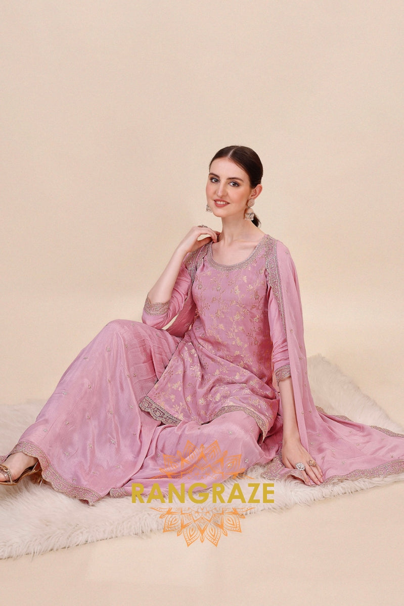 Lilac Jacquard Jaal Work Stitched Sharara Suit Set