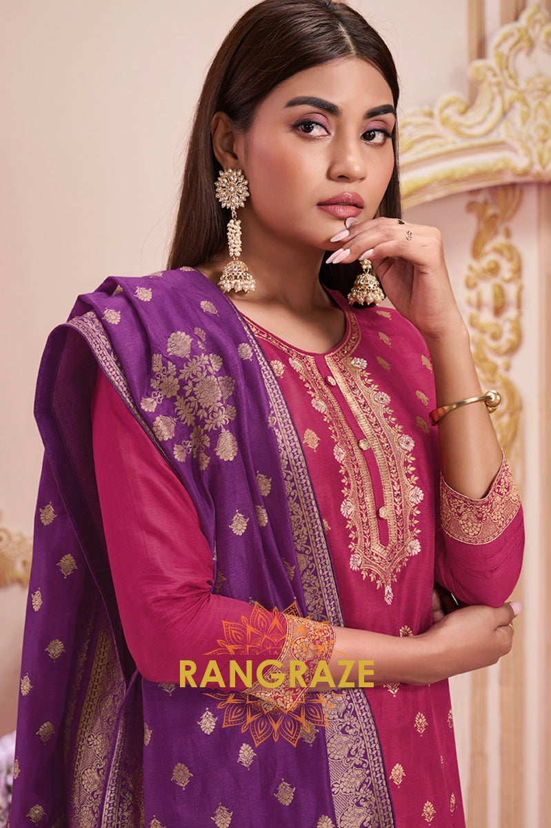 Burgundy Zari Jacquard Stitched Kurta Suit Set