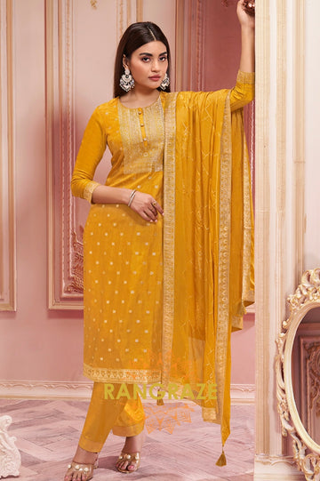 Mustard Dola Jacquard Stitched Kurta Suit Set