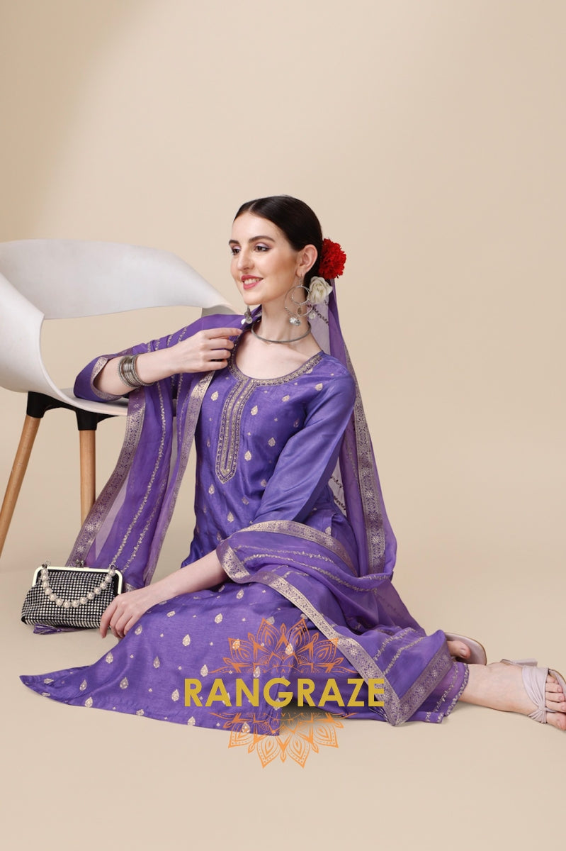 Violet Jacquard Stitched Kurta Suit Set with Sequins Dupatta