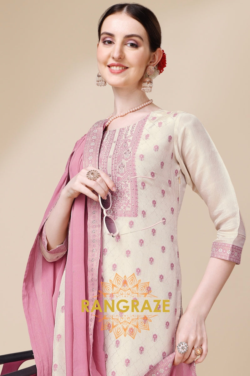 Cream Zardozi Jacquard Tissue Stitched Kurta Suit Set