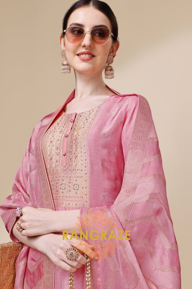 Pink Handwork Jacquard Stitched Kurta Suit Set with Rangkat Dupatta