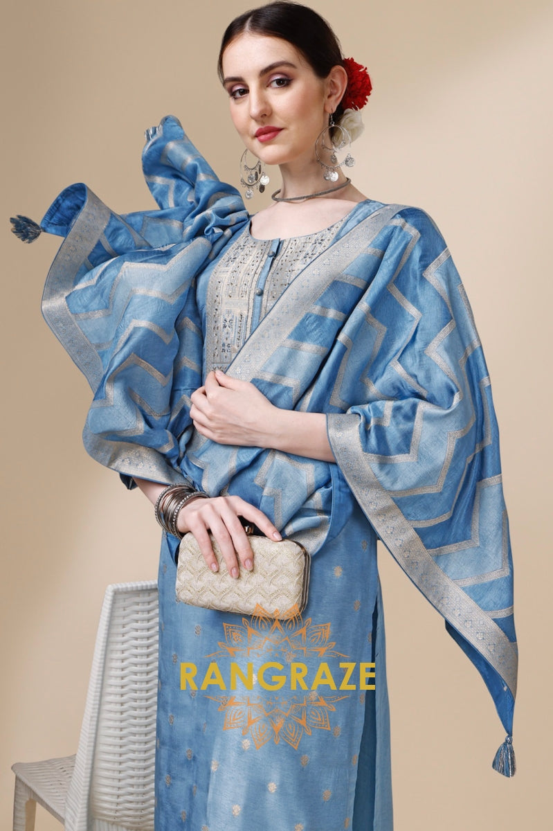 Blue Handwork Jacquard Stitched Kurta Suit Set with Rangkat Dupatta