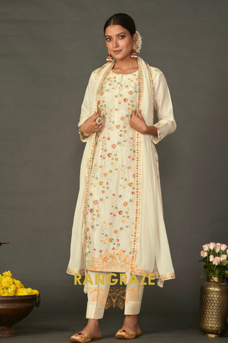 Cream Meena Jacquard Stitched Kurta Suit Set