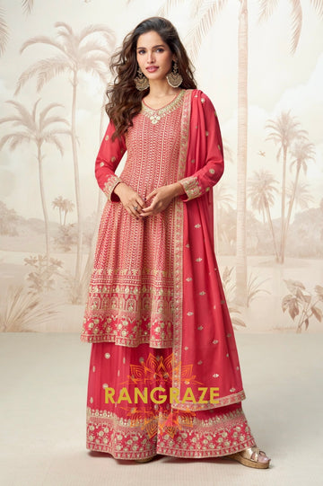 Crimson Bloom Red Embroidered Palazzo Suit Set