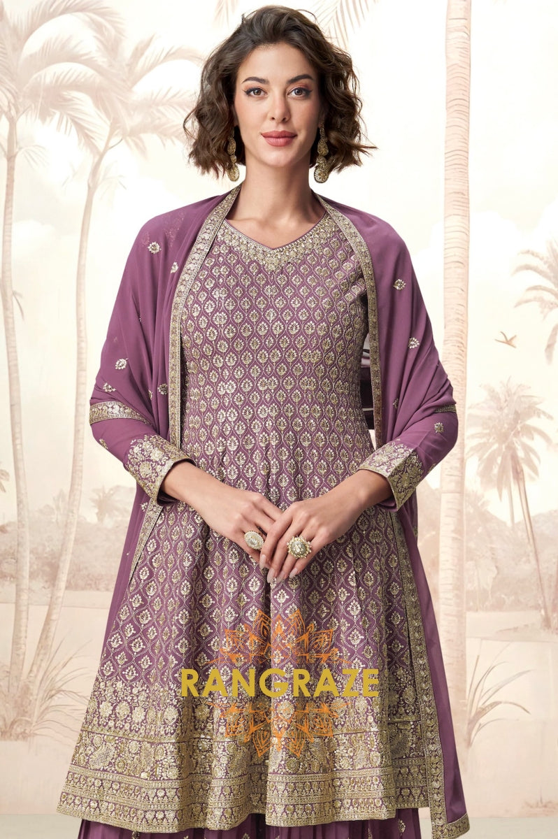 Royal Mauve Charm Embroidered Palazzo Suit Set