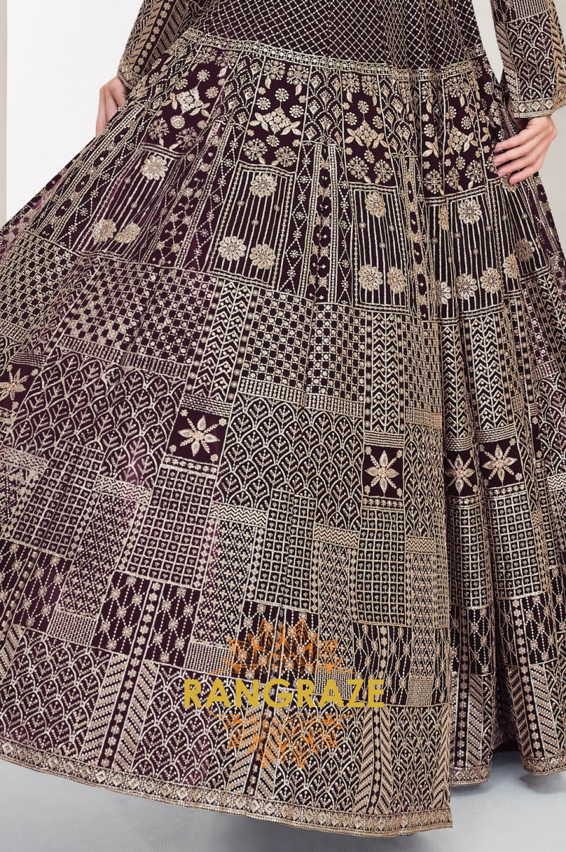 Wine Regal Embroidered Indo-Western Palazzo Suit Set
