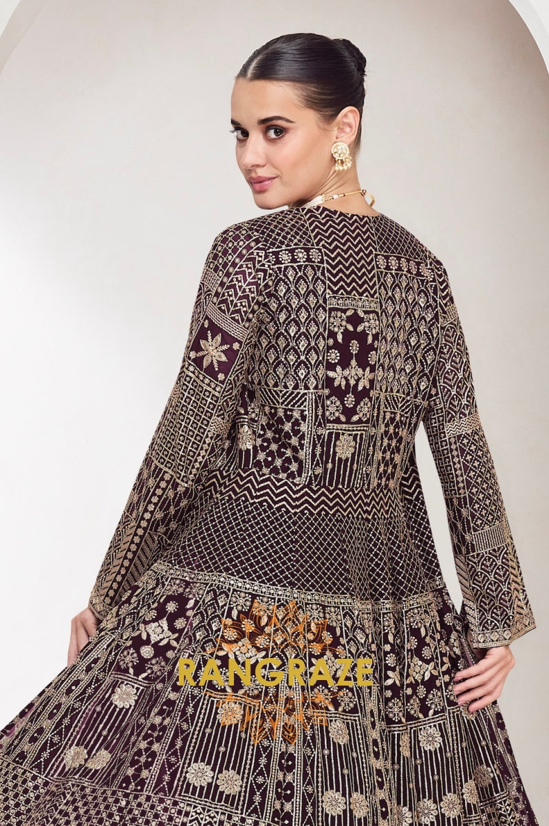 Wine Regal Embroidered Indo-Western Palazzo Suit Set