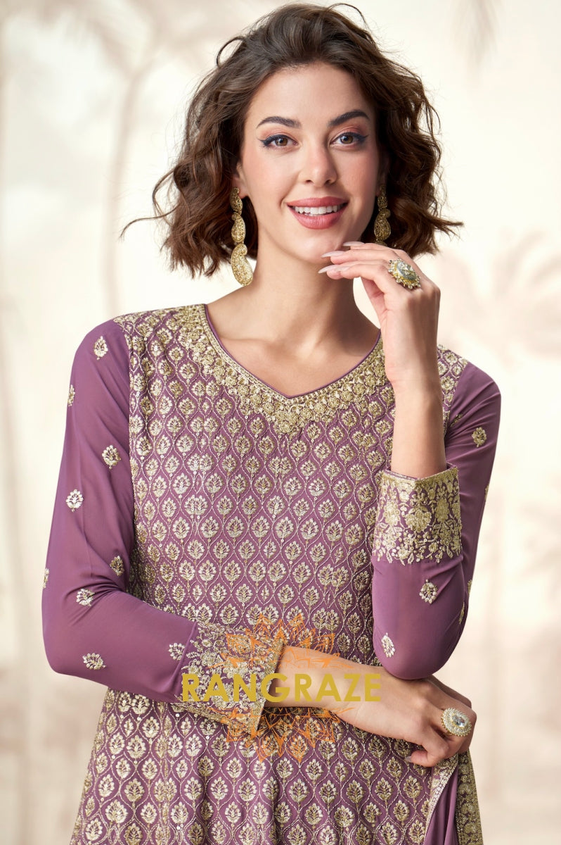 Royal Mauve Charm Embroidered Palazzo Suit Set