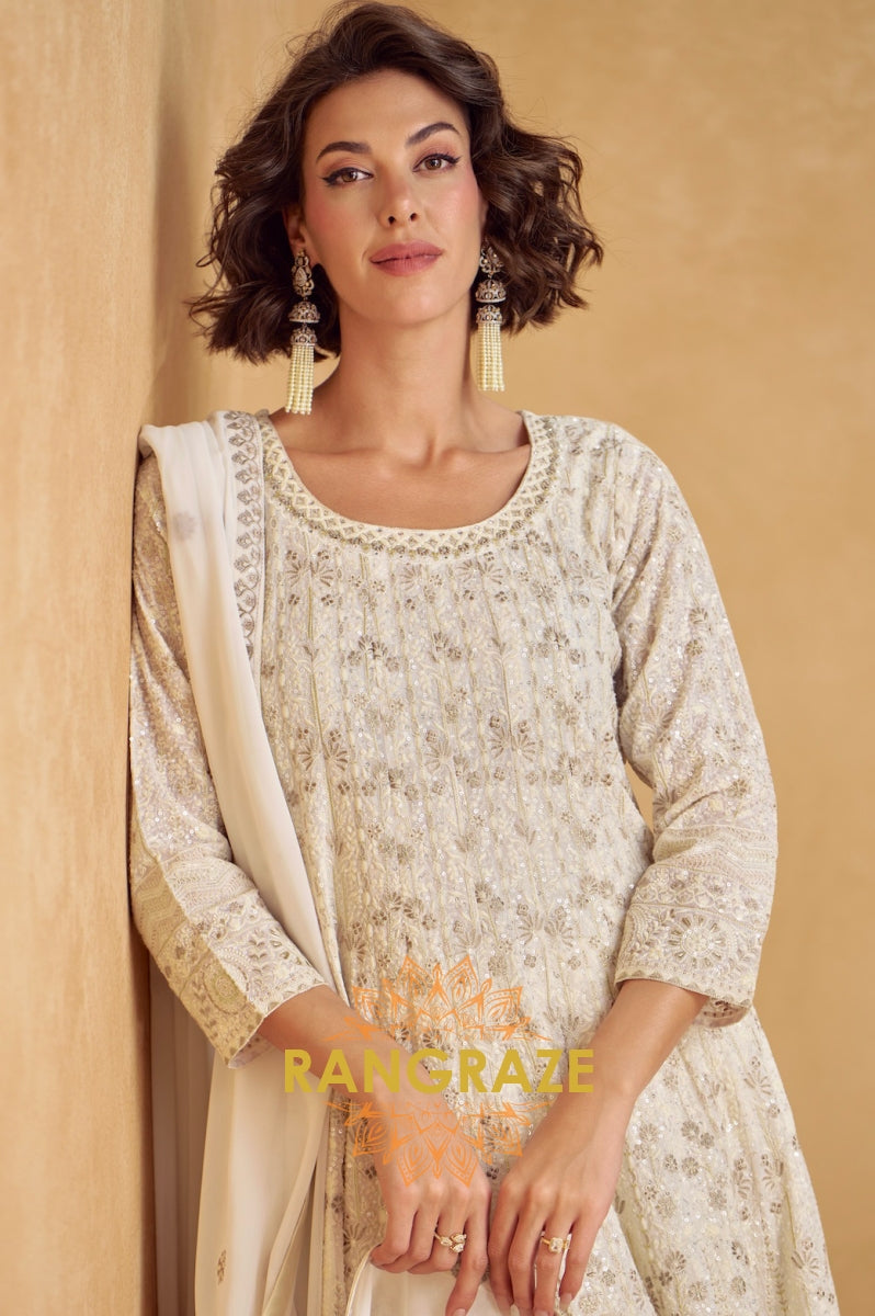 Ivory Serenity Embroidered Palazzo Suit Set
