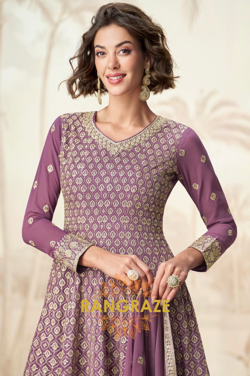 Royal Mauve Charm Embroidered Palazzo Suit Set
