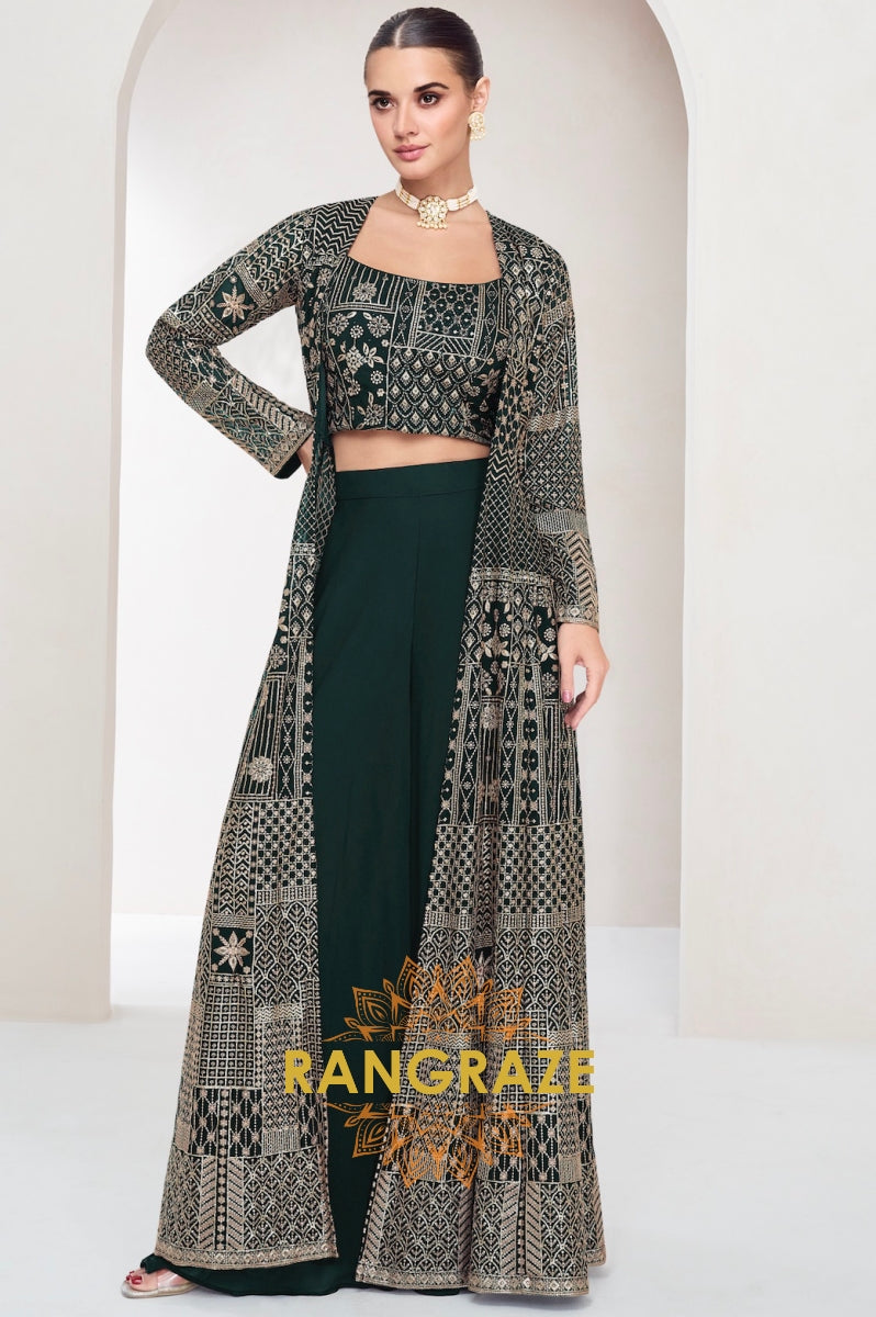 Emerald Enigma Embroidered Indo-Western Palazzo Suit Set