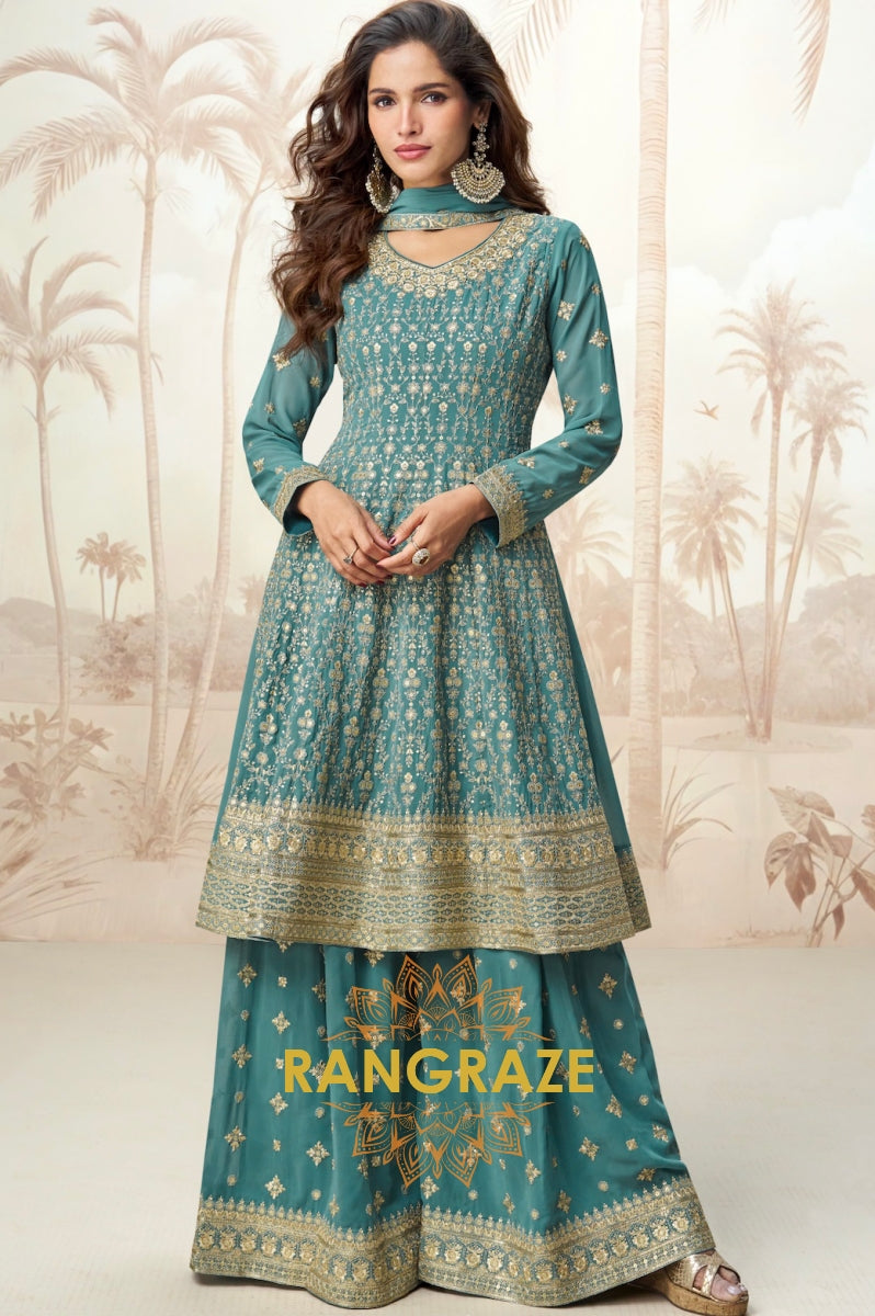 Emerald Bloom Teal Embroidered Palazzo Suit Set